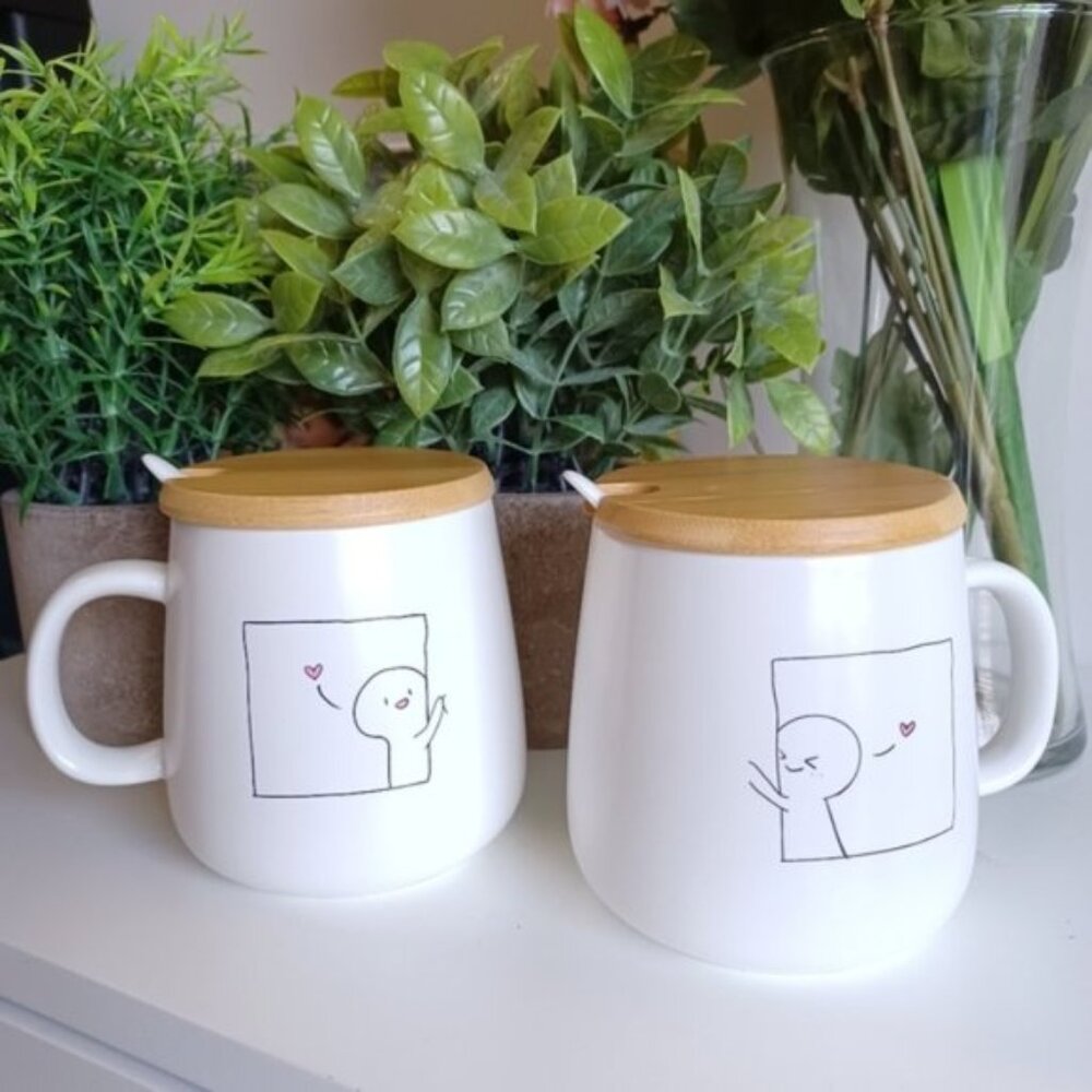 AAI Couple Coffee Mugs | 12 oz | Set of 2 | Ceramic with Bamboo Lid & Spoon
